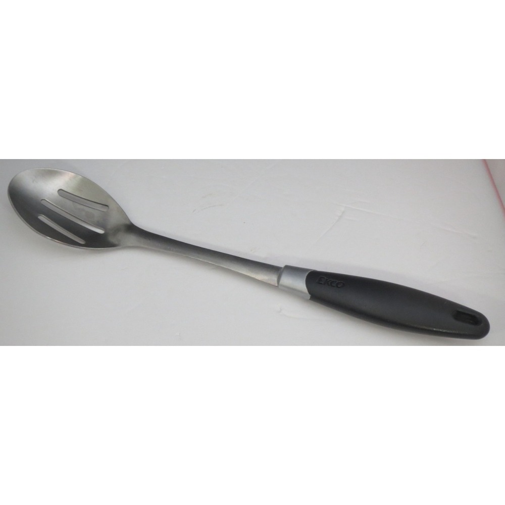 EKCO Stainless Slotted Kitchen Spoon Cooking Black Plastic Handle‎ Utensil